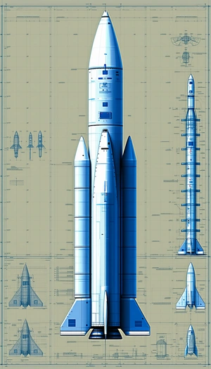 A Blue Rocket Ship Is Shown In A Drawing, With A Smaller Rocket Ship Next To It