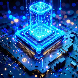 Tech Digital Illustration: Quantum Computer With Blue Light Glow With Futuristic Computer