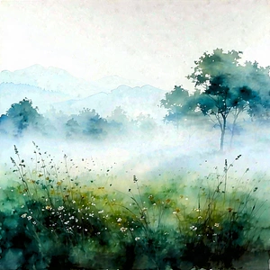Nature Watercolor Painting: Meadow During Foggy Morning With Image, There