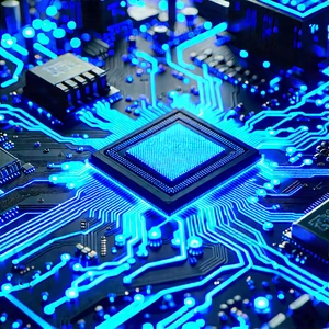Circuit board with blue light glow