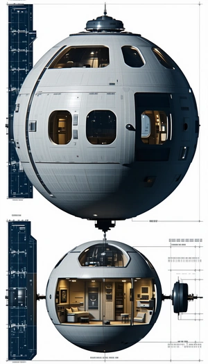 A Large, Round, White Spacecraft Is Shown In A Blueprint Drawing