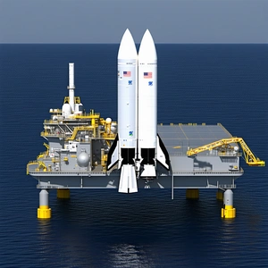 A Large White Space Shuttle Docked On A Floating Platform In The Ocean
