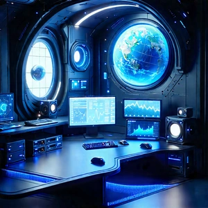 Futuristic Digital Workspace With Image, There