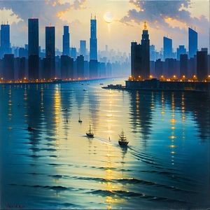 Urban Oil Painting: Cityscape Of (modern:1.43) Metropolis During Midday With Large City