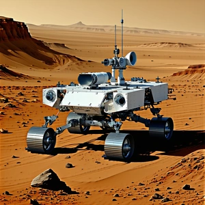 A White Robotic Vehicle, Possibly A Rover, Driving Across A Rocky Terrain