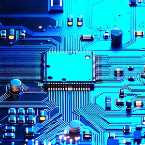 Circuit board with blue light (glow:1.11)