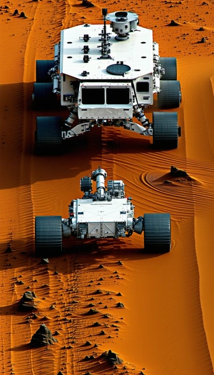 Two Large, White, And Silver Robots Driving On A Sandy Surface