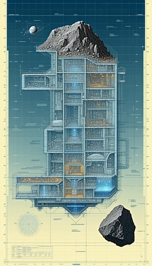 The Image Is A Blueprint Of A Large Building, Possibly A Space Station Or A Futuristic City