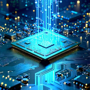Circuit Board With Data Streams With Close-up Computer