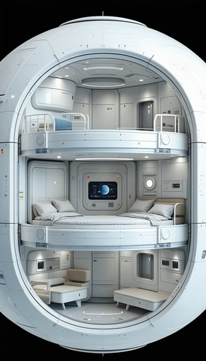A Futuristic Space Ship With A Large Bedroom Area