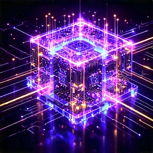 Quantum Computer With Neon Accents With Three-dimensional Computer