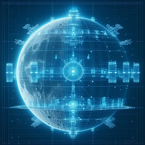 A Blue And White Image Of A Space Station Is Displayed