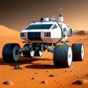 A White Robotic Vehicle Is Driving Across A Red Dirt Surface
