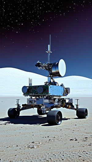 A Large, White, And Blue Robotic Vehicle With A Satellite Dish On Top, Parked On A Sandy Surface