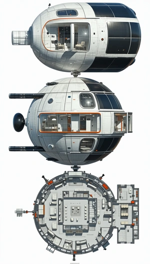 A Large, Round, Silver Spacecraft Is Shown In A Three-dimensional View