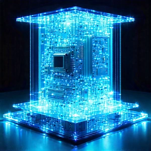 Quantum Computer With Blue Light Glow With Large, Blue,