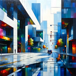Urban Acrylic Painting: Urban street with modern architecture