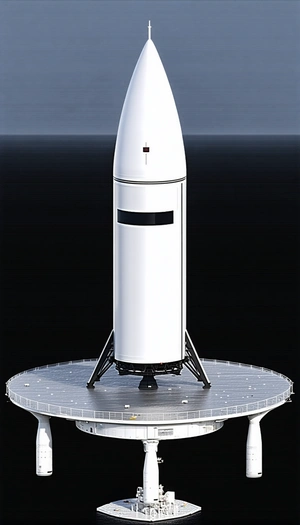 A Large White Rocket, Possibly A Space Shuttle, Sitting On A Circular Platform