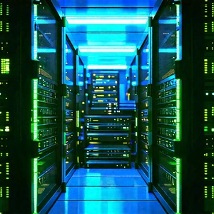 Server rack with blue light glow