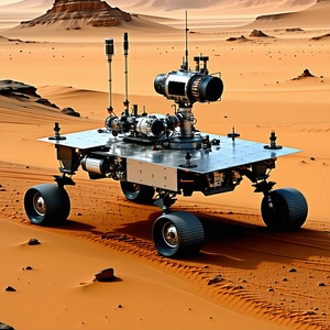 A Large, Futuristic Robotic Vehicle With A Metallic Appearance, Driving Across A Sandy Terrain