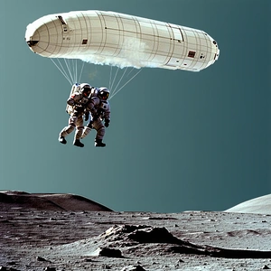 Two Astronauts In Space Suits, Suspended In The Air By A Large Parachute