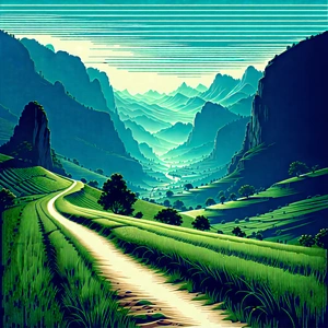 Nature Linocut Print: Valley During Midday With Painting Mountainous