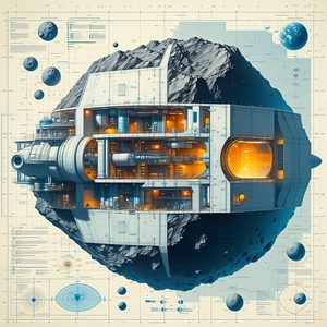 The Image Is A Blue And White Illustration Of A Space Station, With A Large Rock In The Center