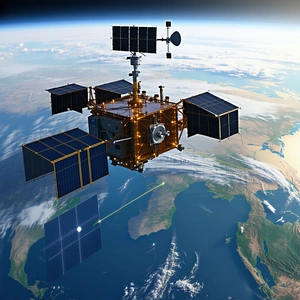 A Spacecraft With A Large Satellite Dish On Top Of It, Flying High Above The Earth