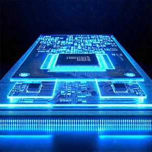 Microchip With Blue Light Glow With Close-up Computer