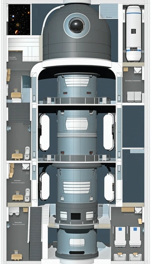 A Large, Futuristic Spacecraft Is Shown In A Series Of Diagrams, Illustrating Its Various Components