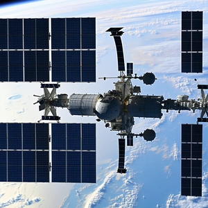 A Space Shuttle Is Docked With A Space Station, And The Two Are Flying Through The Sky