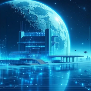 A Futuristic City With A Large Building And A Space Station