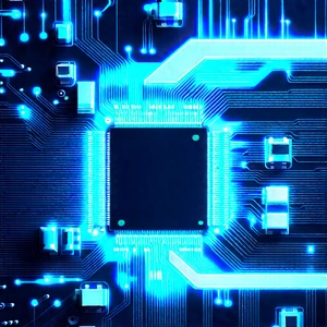 Circuit board with blue light glow