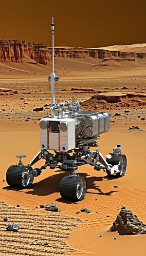 A White Robotic Vehicle With A Large Antenna On Top, Driving Across A Sandy Terrain