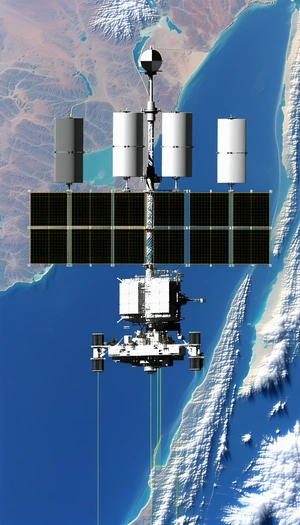 A Large Space Station Is Shown In The Image, With A Satellite Dish On Top Of It