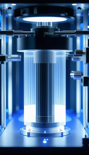 A Large, Clear Glass Cylinder Is Sitting On A Blue Table
