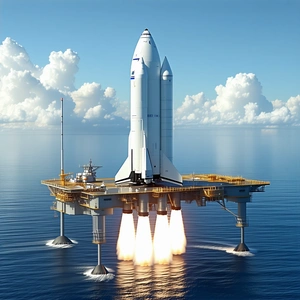 A Large Space Shuttle Docked On A Floating Platform In The Ocean