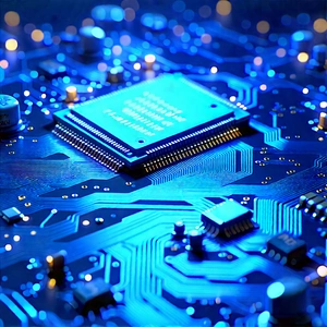 Circuit board with blue light glow