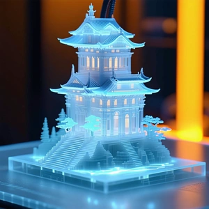 The image features a large, intricately designed model of a Chinese...