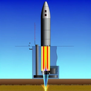 A Rocket Is Shown In A Blue Sky, With Its Engine Lit Up