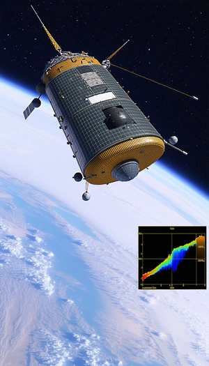 A Spacecraft Is Flying Through The Sky, With A Large Satellite Dish On The Bottom Of The Spacecraft