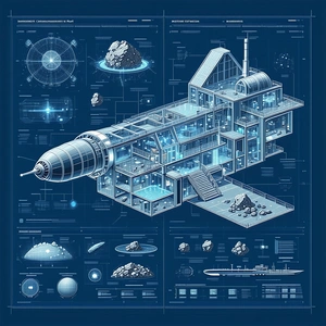 A Blue And White Drawing Of A Space Station Is Displayed On A Page