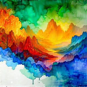Abstract Watercolor Painting: Organic Abstract With High-contrast Color Palette With Painting Mountainous