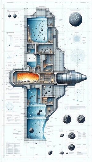 A Blue And White Drawing Of A Space Station Is Displayed