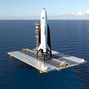 A Large White Space Shuttle Sitting On A Floating Platform In The Ocean