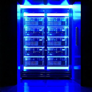 Server Rack With Blue Light Glow With Large Blue