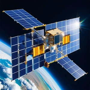 A Spacecraft With A Solar Panel On Its Side, Flying Through The Sky