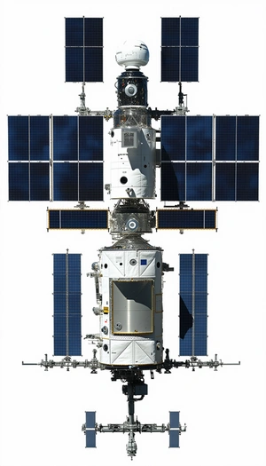 A Large Spacecraft Is Shown In A White And Blue Color Scheme