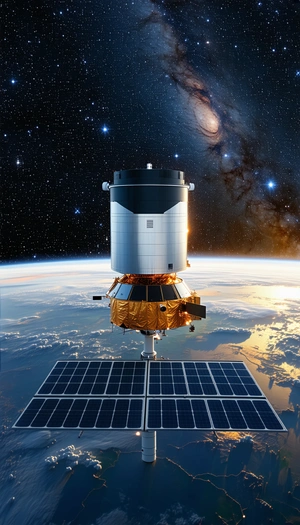 A Space Shuttle, Which Appears To Be A Large Satellite, Floating In The Sky