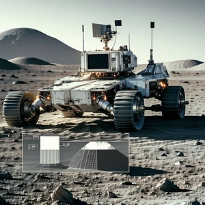 A White Robotic Vehicle Is Parked On A Rocky Surface, Possibly On The Moon